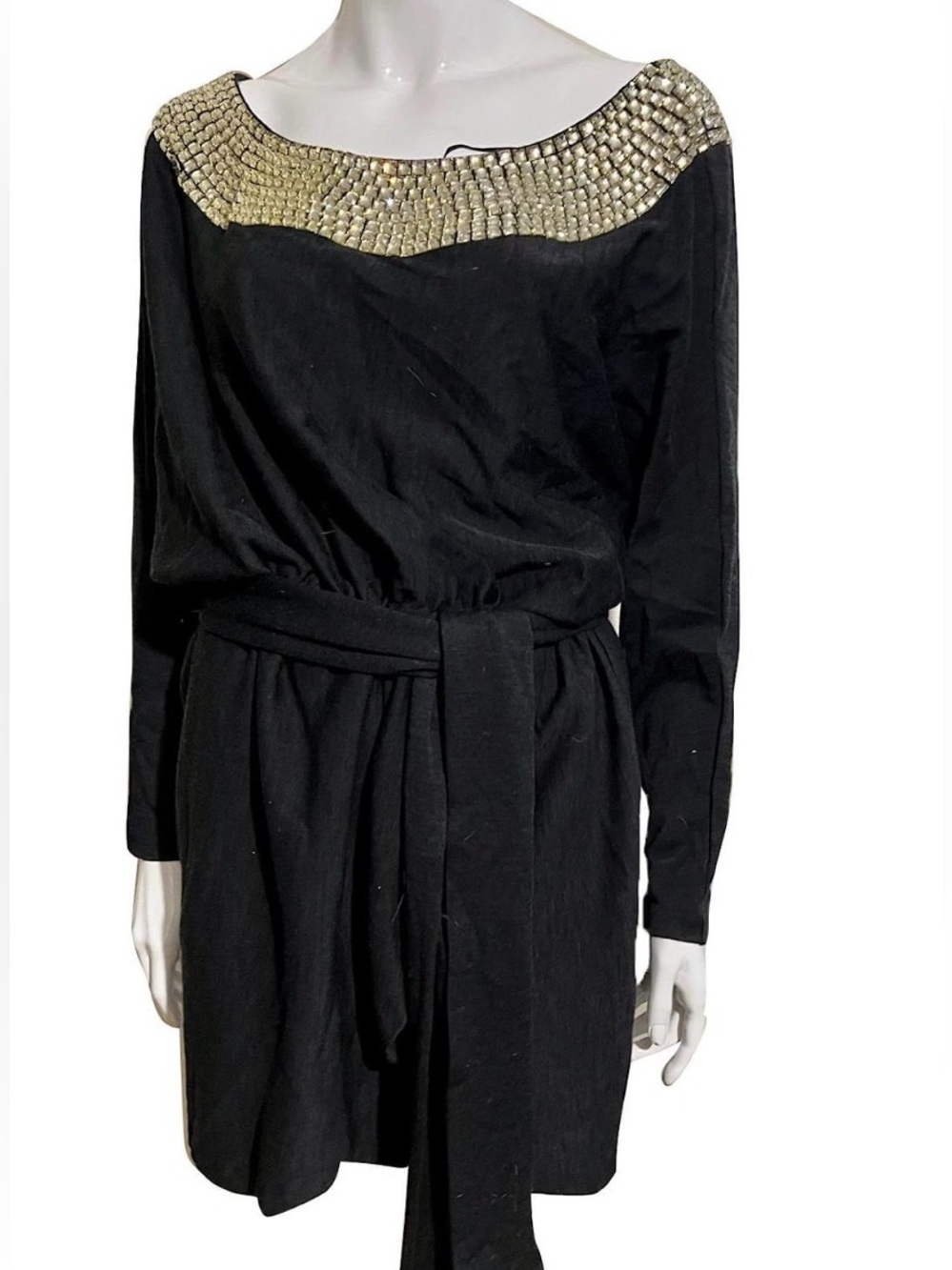 Halston Heritage Black Long-Sleeve Dress with Gold Embellished Neckline